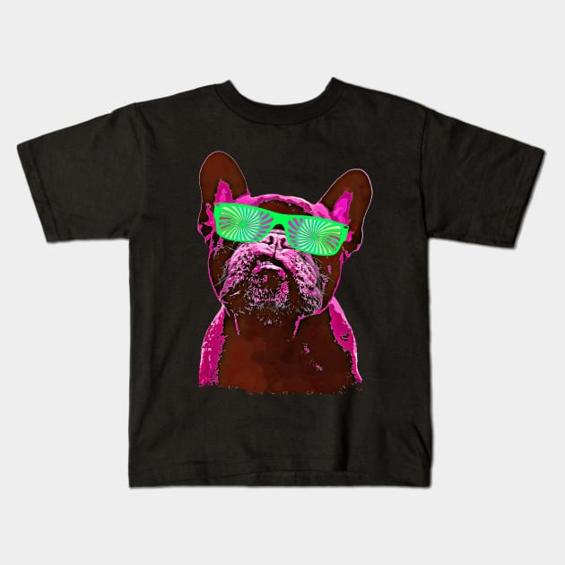 French bulldog 80s style neon with green psychelic glasses vivid purplish-red color Kids T-Shirt by Collagedream